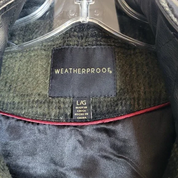 LAST CALL -Weatherproof Green Plaid Vegan Leather Mid Length Coat (Size: L) - Picture 3 of 16